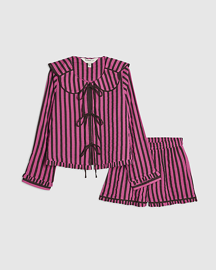 Pink Long Sleeve Oversized Collar Pyjama Set