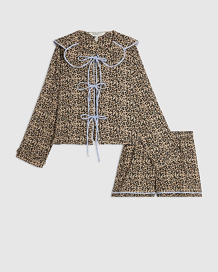 Brown Leopard Oversized Collar Pyjama Set