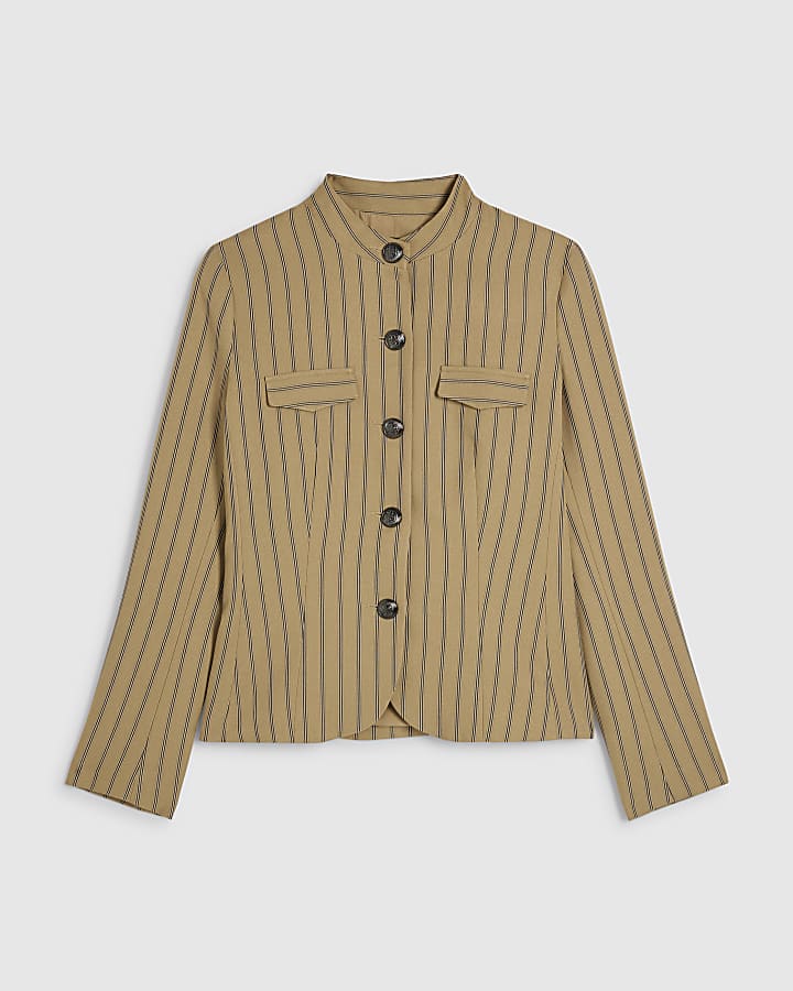 Beige Stripe Pocket Detail Jacket