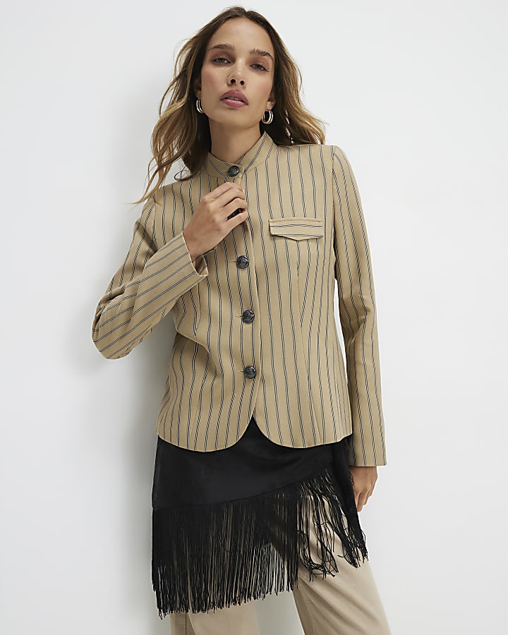 Beige Stripe Pocket Detail Jacket