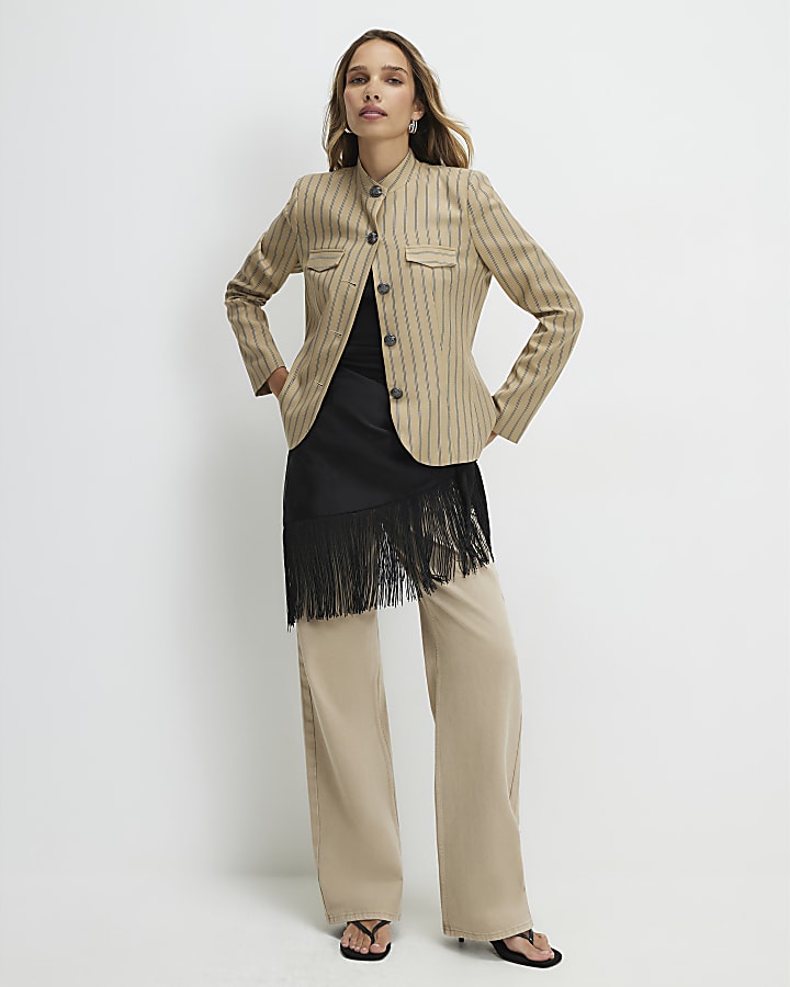 Beige Stripe Pocket Detail Jacket