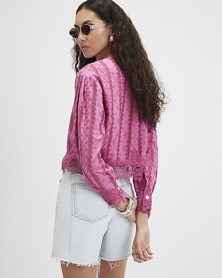 Pink Lace Trim Blouse