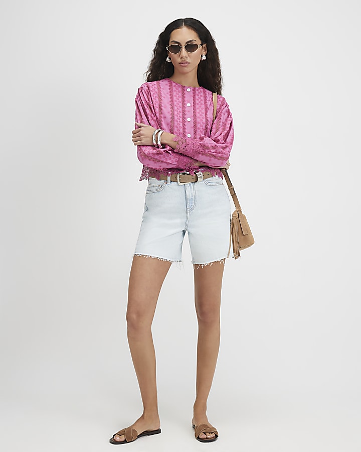 Pink Lace Trim Blouse