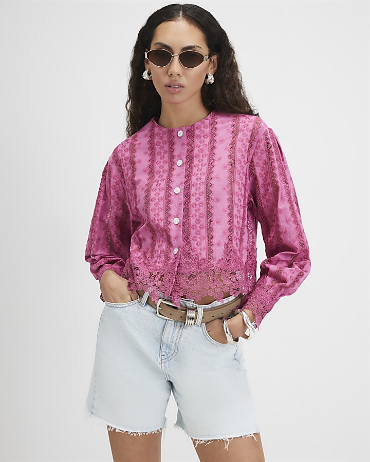 Pink Lace Trim Blouse