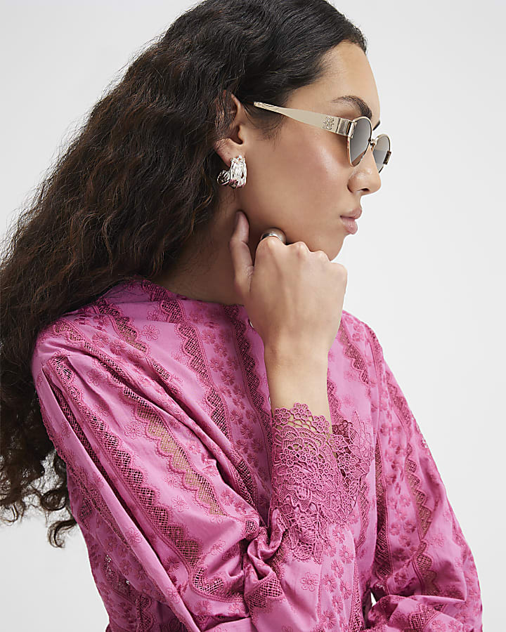 Pink Lace Trim Blouse