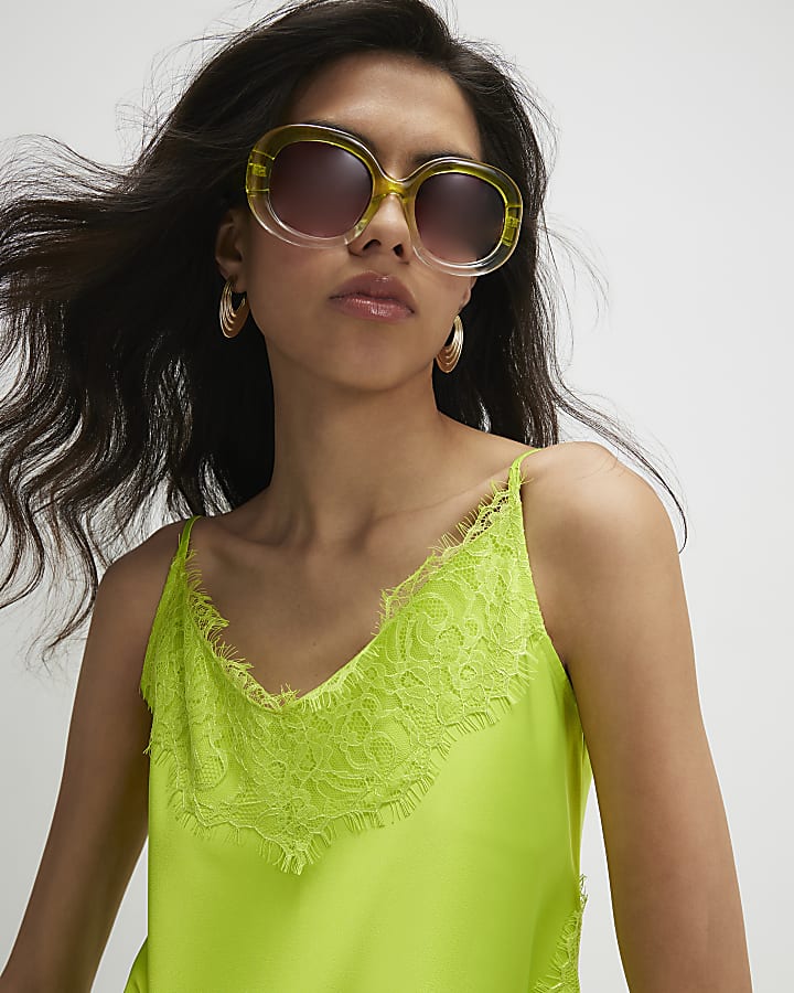 Green Satin Lace Trim Cami Top