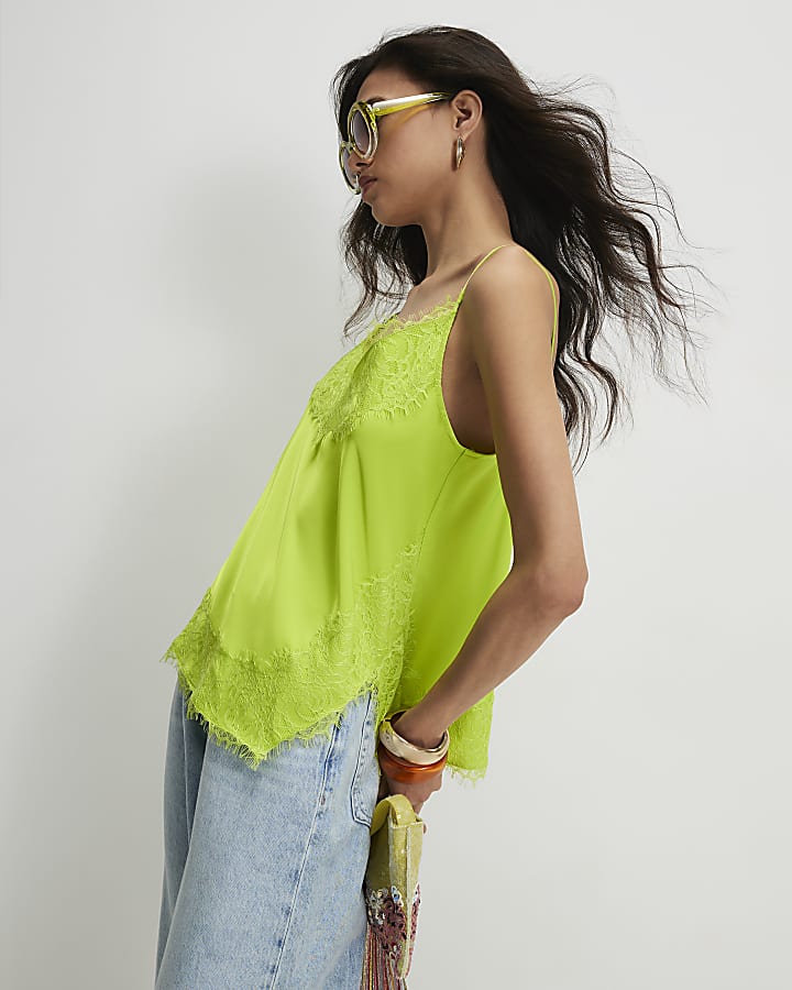 Green Satin Lace Trim Cami Top