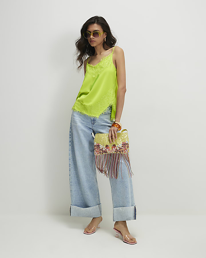 Green Satin Lace Trim Cami Top
