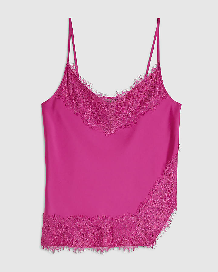Pink Satin Lace Trim Cami