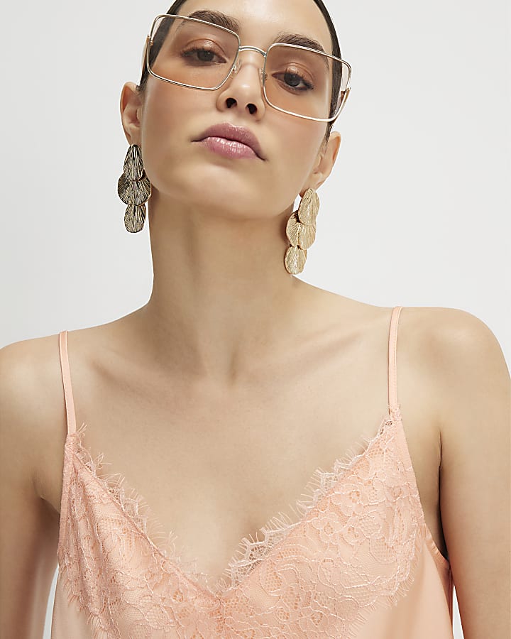 Orange Satin Lace Trim Cami Top