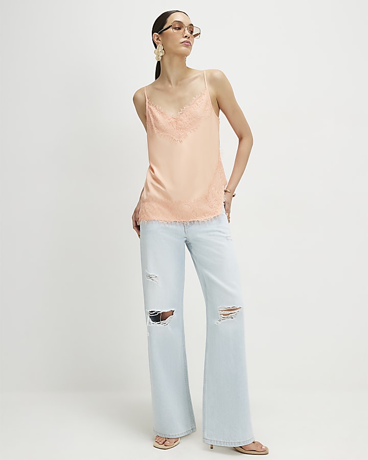 Orange Satin Lace Trim Cami Top