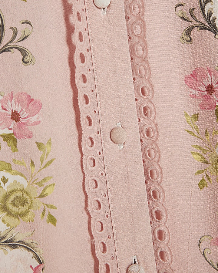 Pink Cotton Floral Broderie Trim Shirt