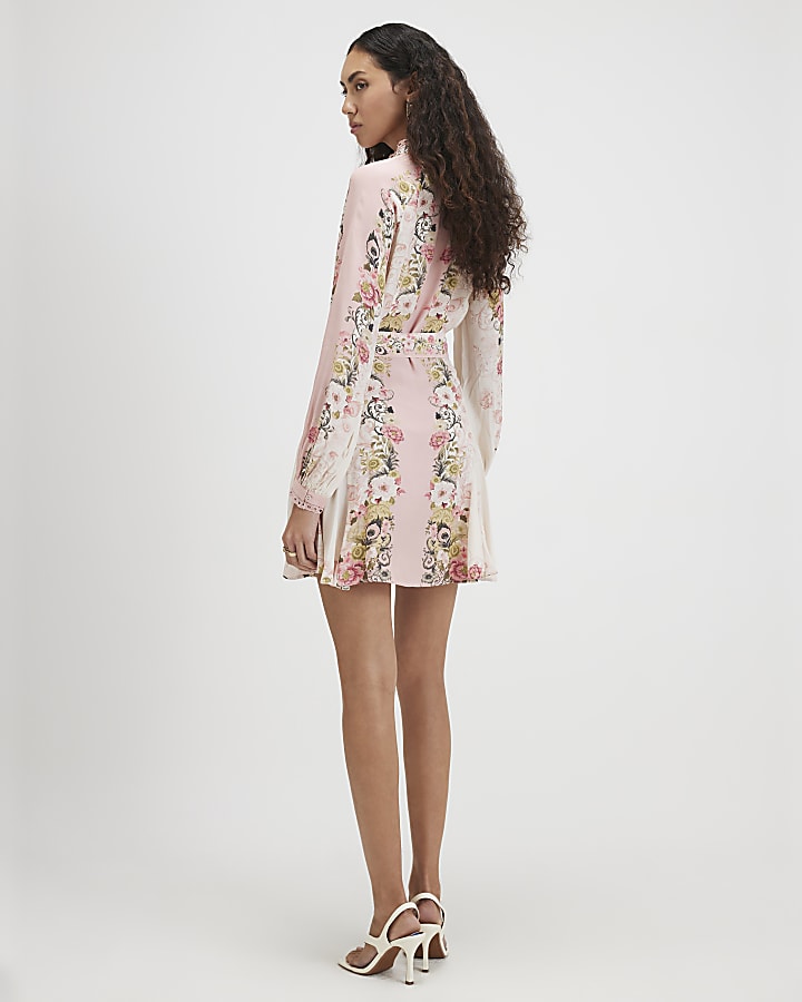 Pink Floral Print Lace Detail Shirt Dress