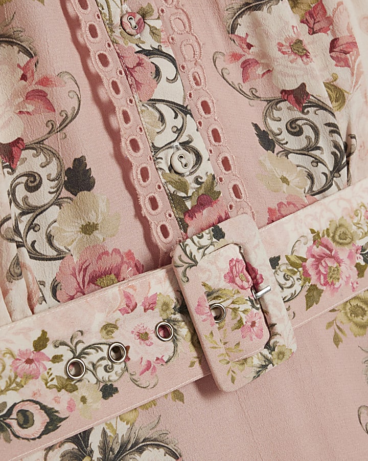 Pink Floral Print Lace Detail Shirt Dress