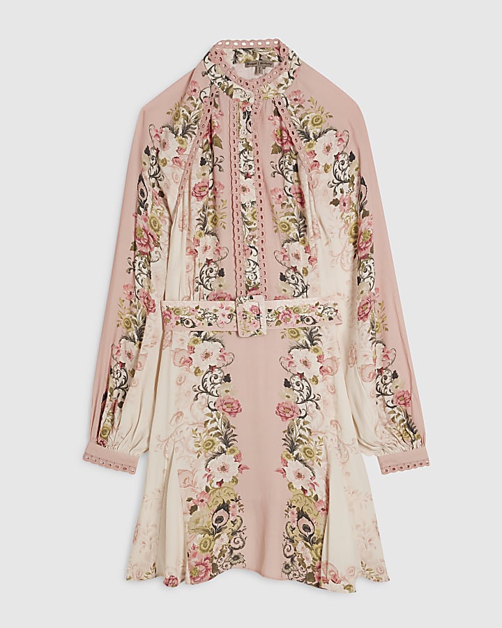 Pink Floral Print Lace Detail Shirt Dress