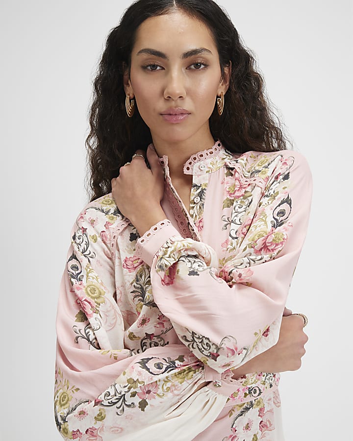 Pink Floral Print Lace Detail Shirt Dress