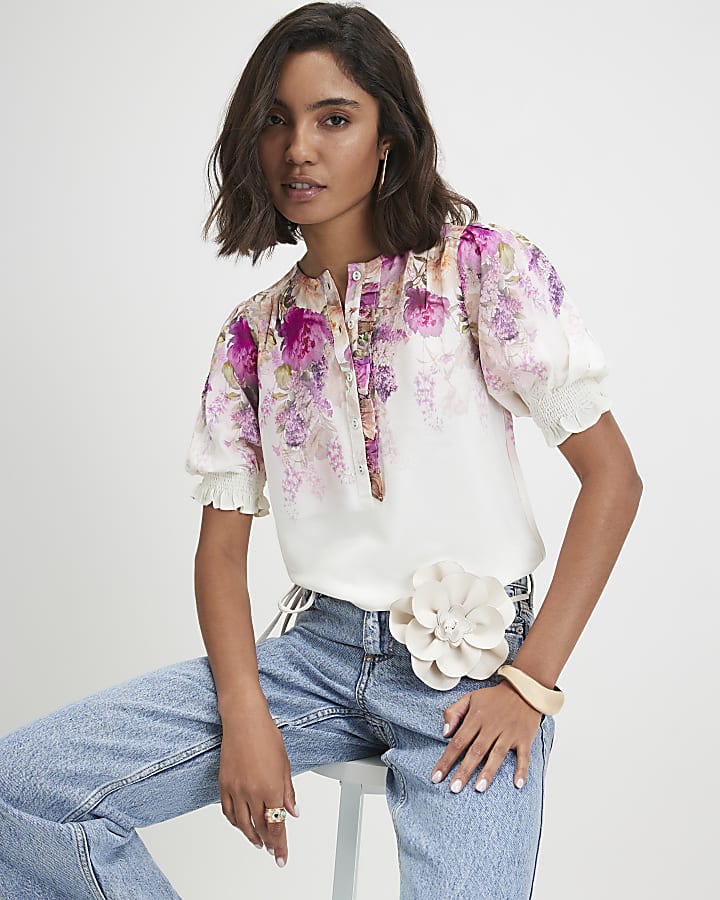 Pink Floral Short Sleeve Blouse
