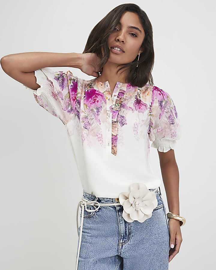 Pink Floral Short Sleeve Blouse