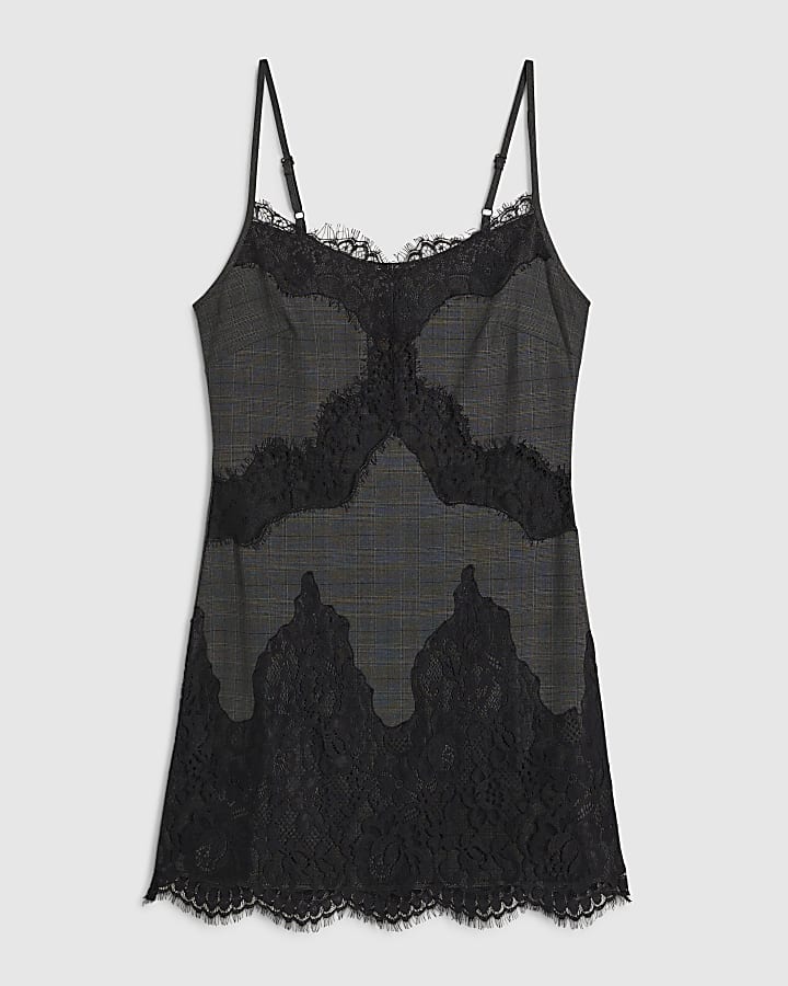 Grey Cutwork Lace Check Mini Slip Dress