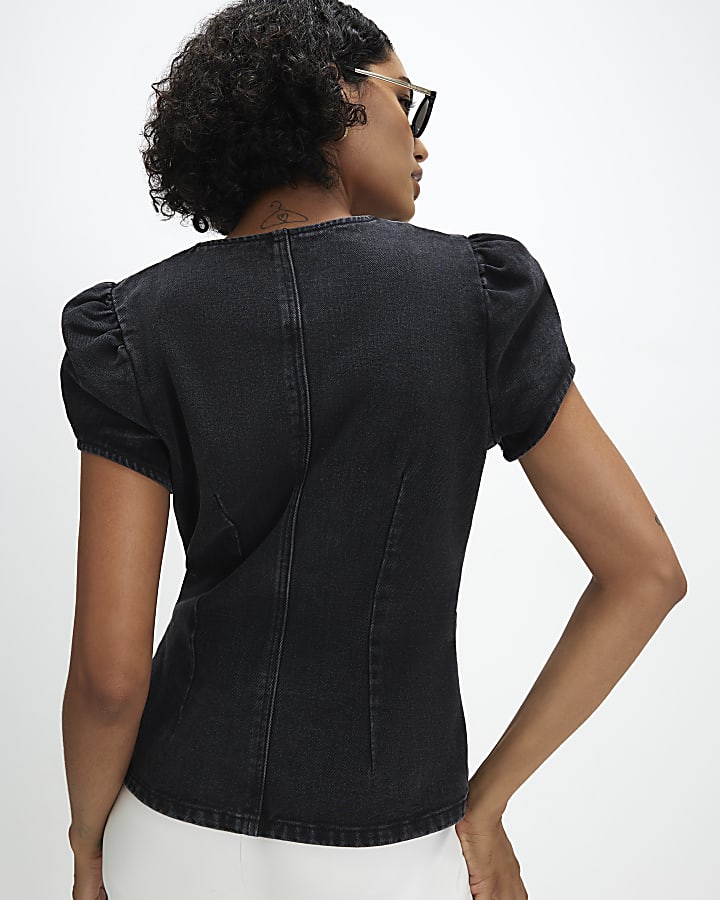 Black Denim Peplum Button Fasten Top