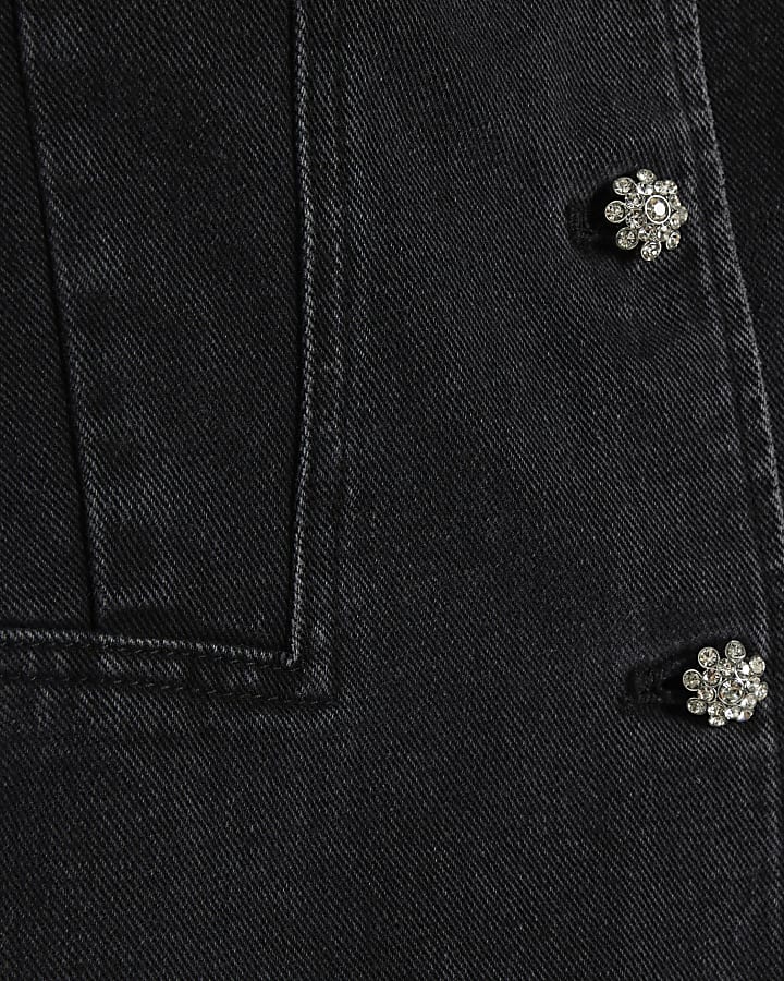 Black Denim Peplum Button Fasten Top