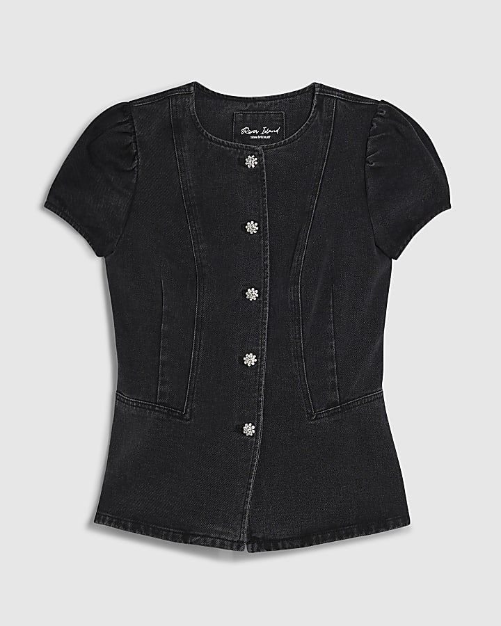 Black Denim Peplum Button Fasten Top
