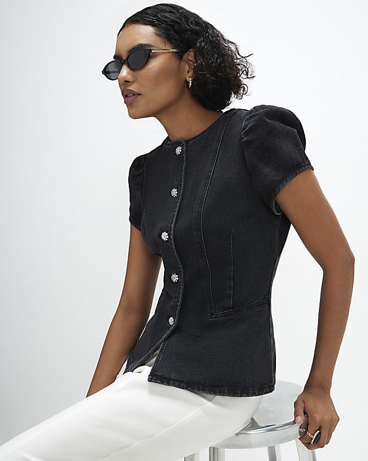 Black Denim Peplum Button Fasten Top