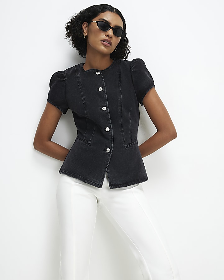 Black Denim Peplum Button Fasten Top