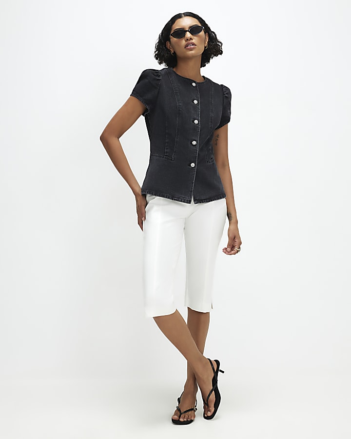 Black Denim Peplum Button Fasten Top