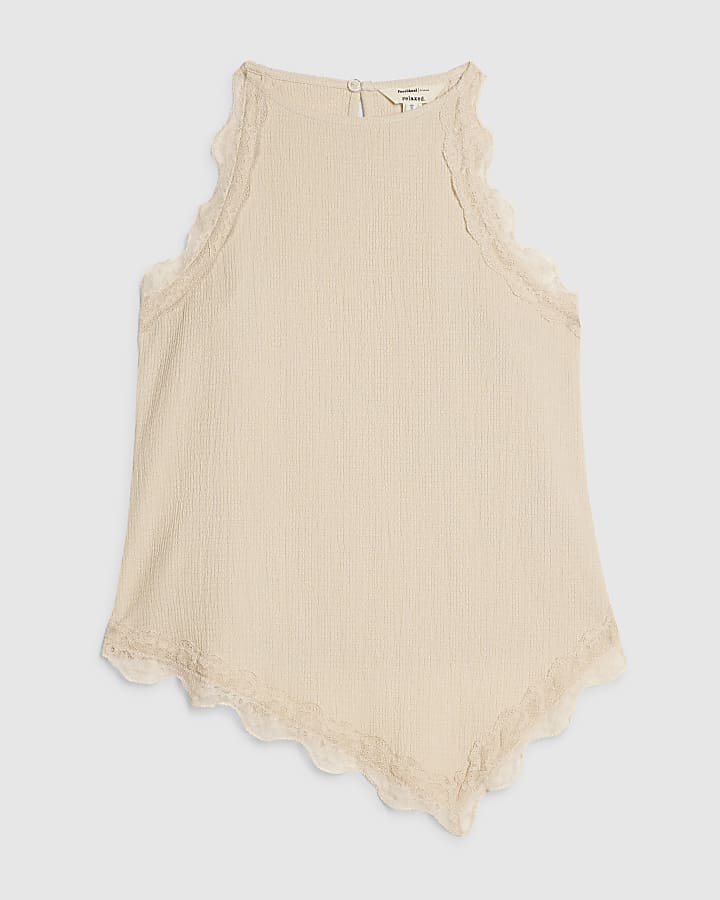 Beige Lace Trim Textured Halter Top