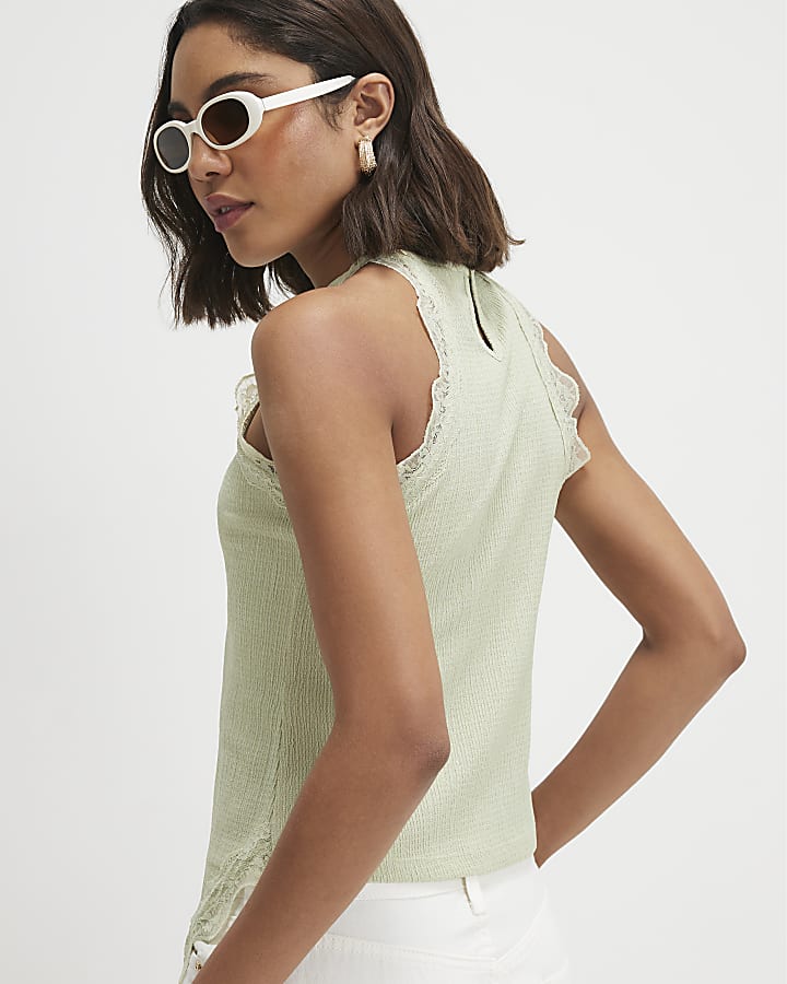 Green Lace Trim Textured Halter Neck Top
