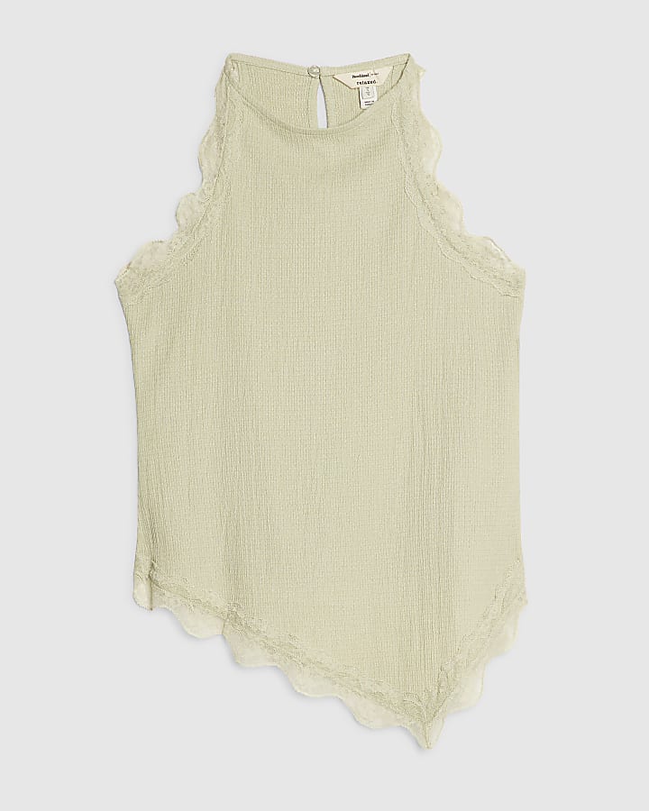 Green Lace Trim Textured Halter Neck Top