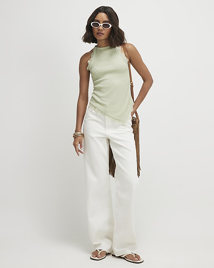 Green Lace Trim Textured Halter Neck Top