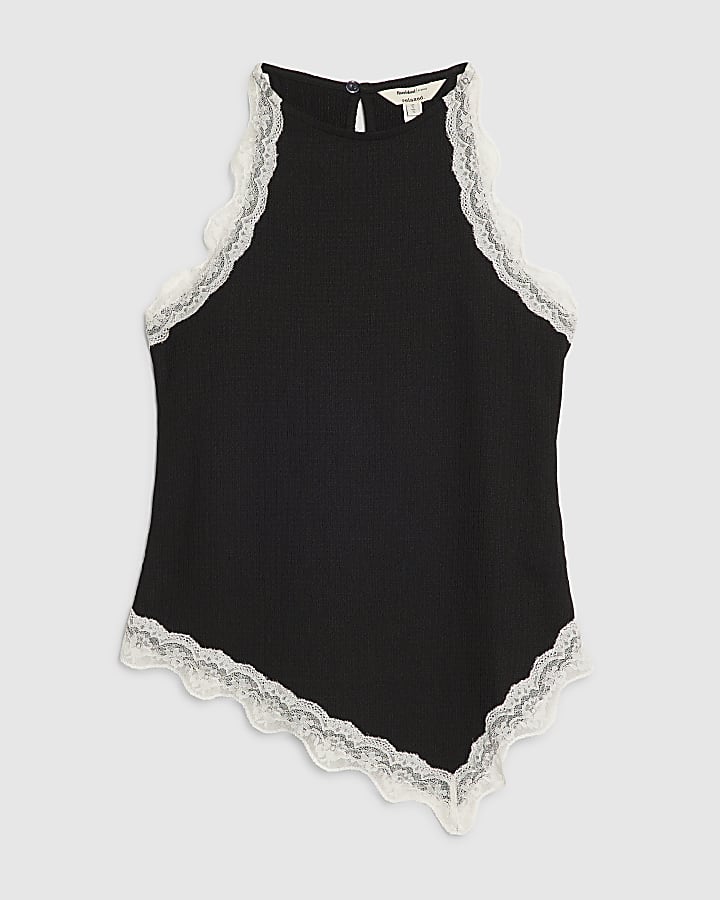 Black Lace Trim Textured Halter Neck Top