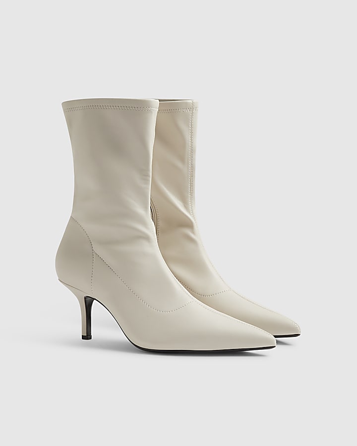 White High Sock Heeled Ankle Boots