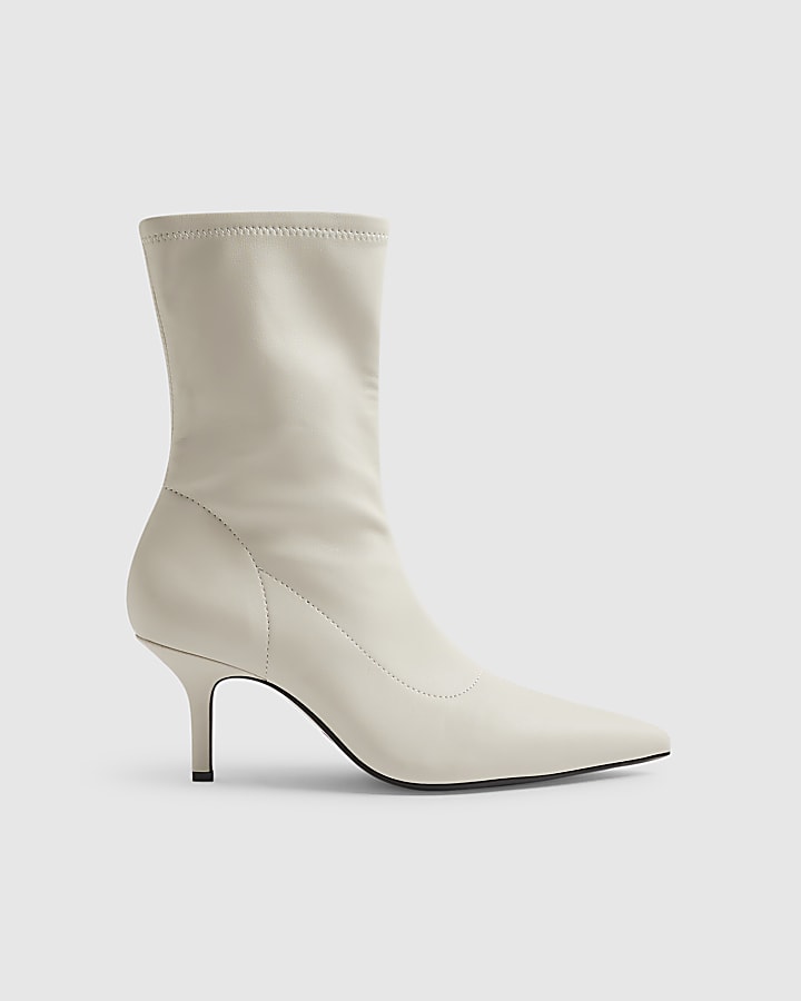 White High Sock Heeled Ankle Boots