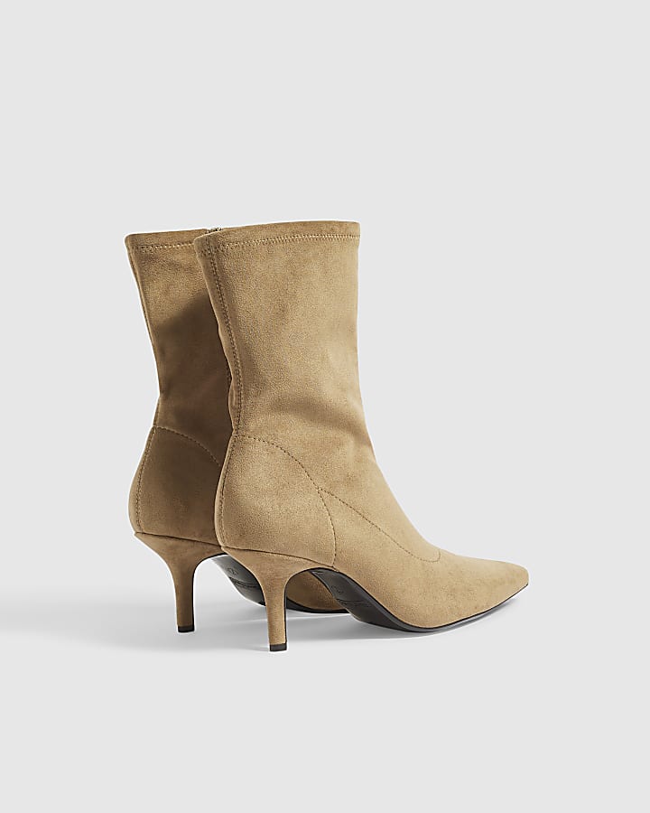 Beige Faux Suede High Sock Heeled Ankle Boots