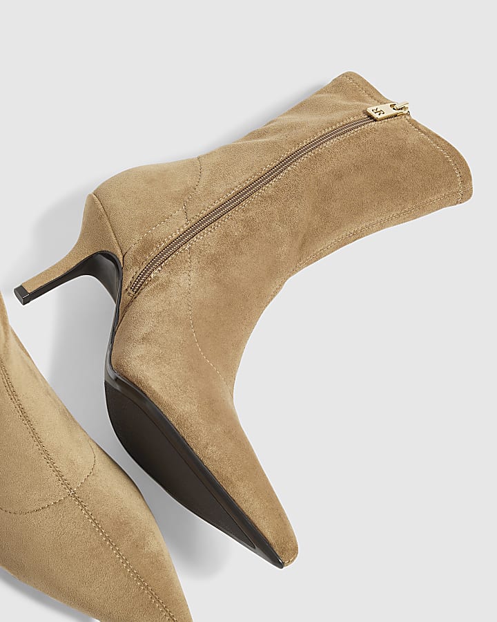 Beige Faux Suede High Sock Heeled Ankle Boots