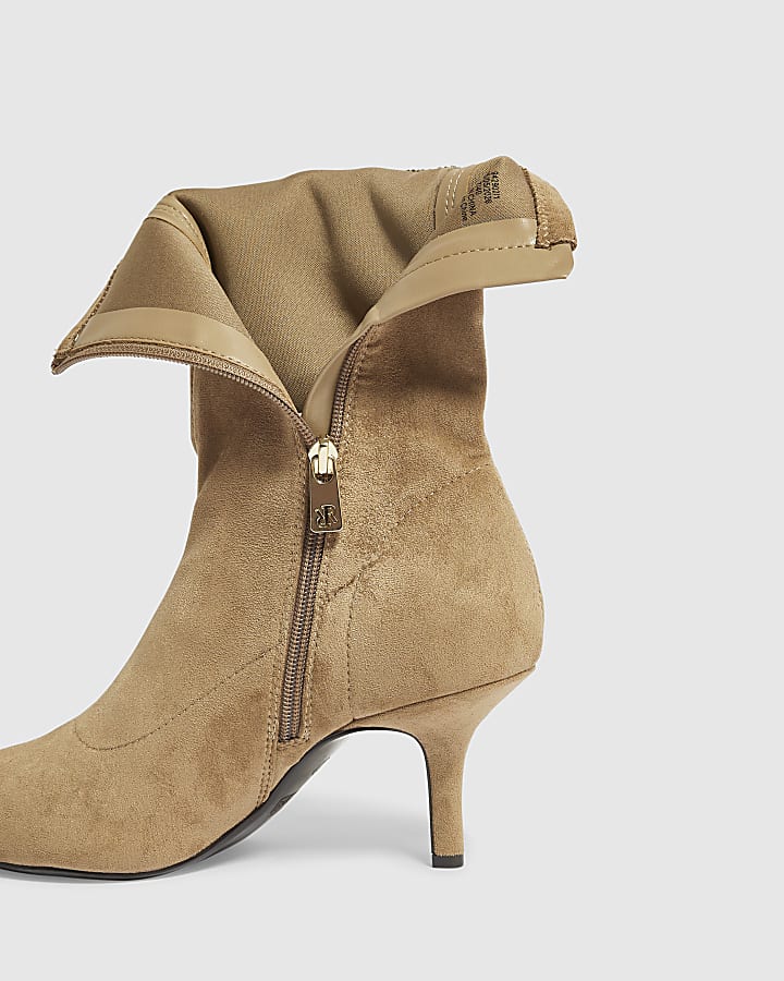 Beige Faux Suede High Sock Heeled Ankle Boots