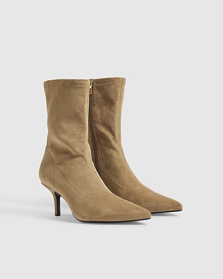 Beige Faux Suede High Sock Heeled Ankle Boots