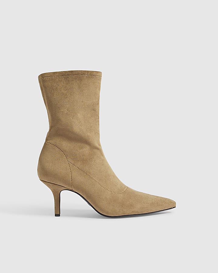 Beige Faux Suede High Sock Heeled Ankle Boots