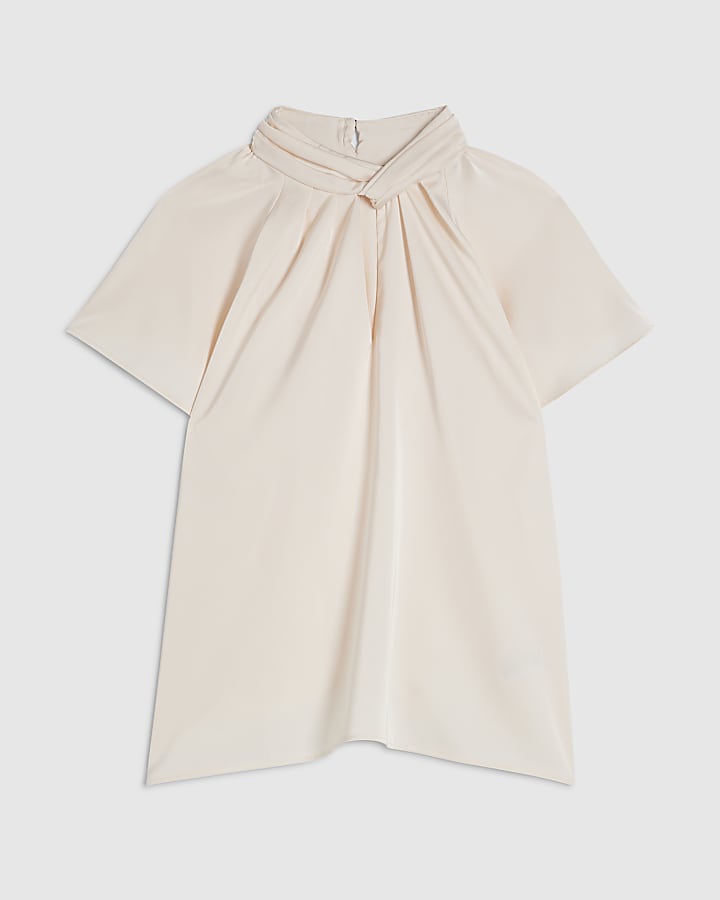 Cream Satin Angel Sleeve Twist Front Top