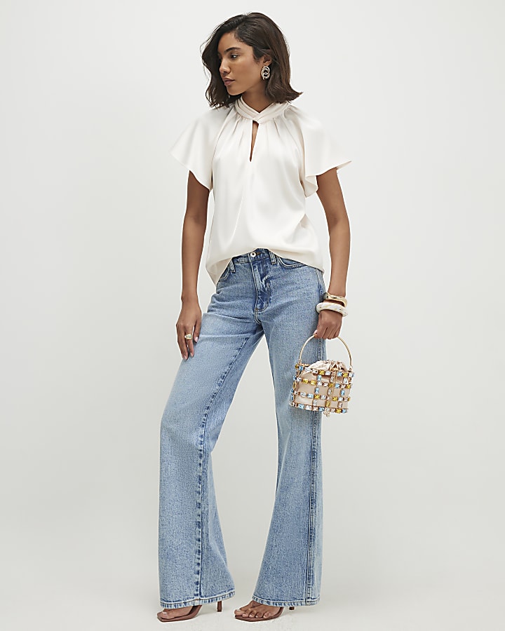Cream Satin Angel Sleeve Twist Front Top