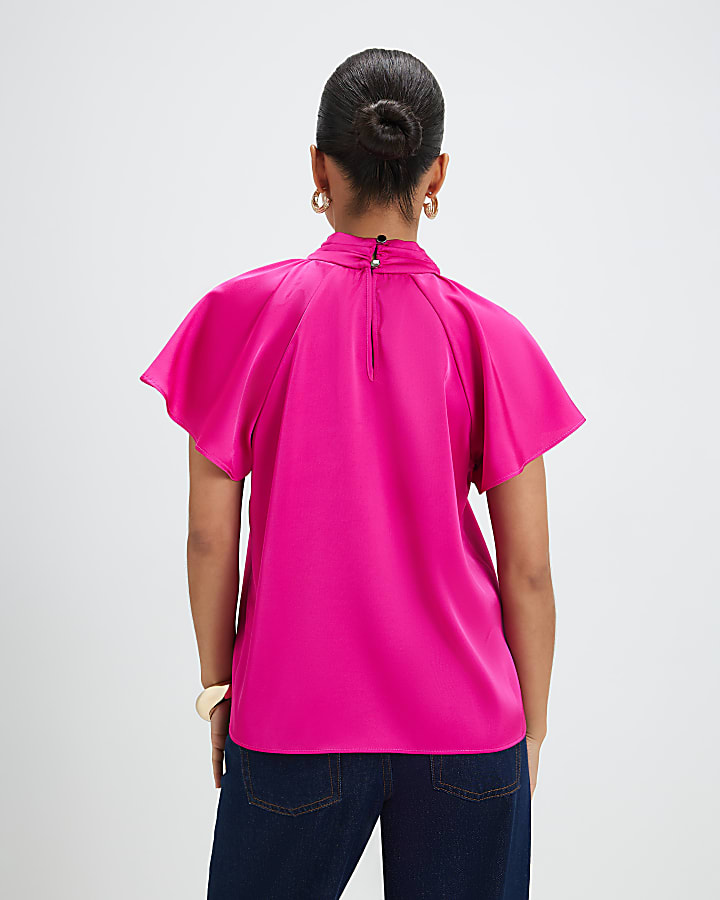 Petite Pink Angel Sleeve Twist Front Blouse