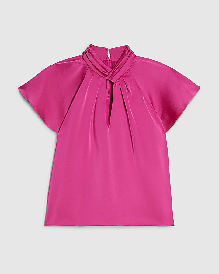Petite Pink Angel Sleeve Twist Front Blouse