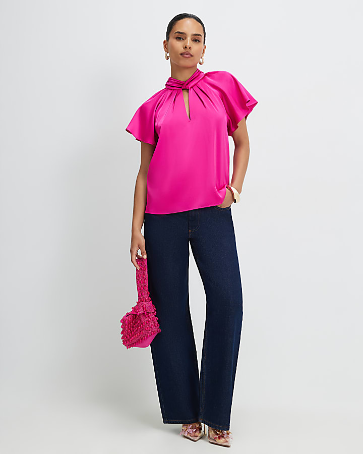 Petite Pink Angel Sleeve Twist Front Blouse