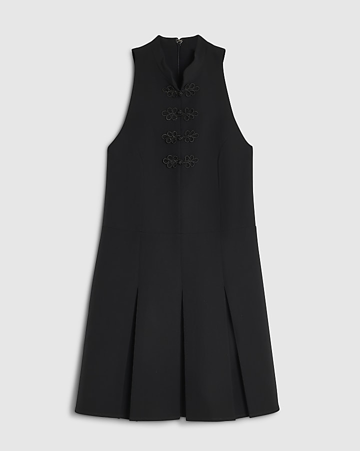 Black High Neck Frog Fastening Mini Dress
