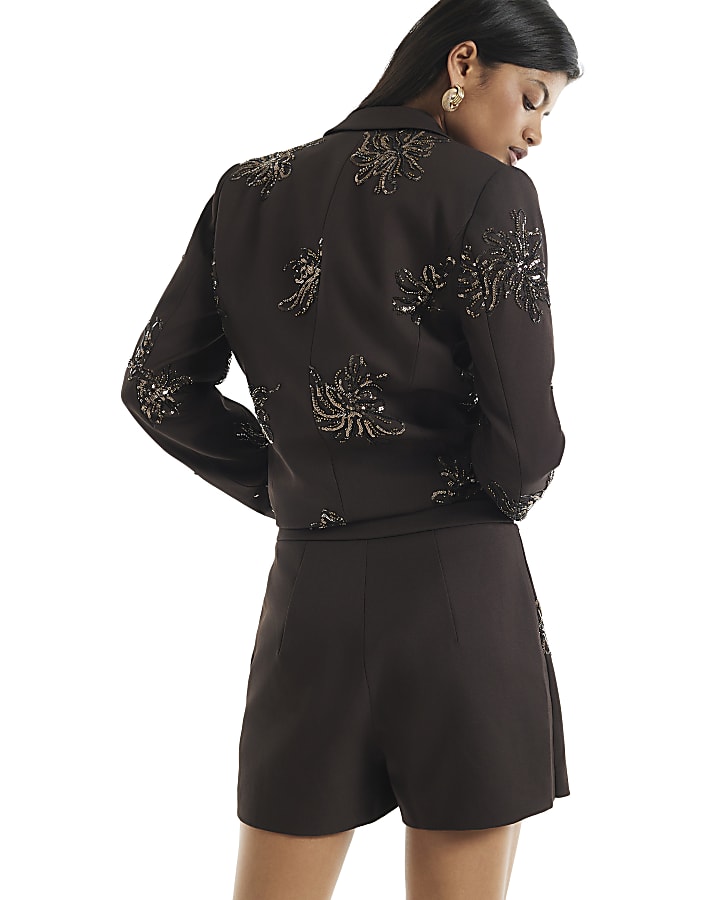 Brown Sequin Embellished Skort