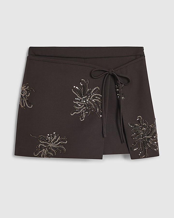 Brown Sequin Embellished Skort