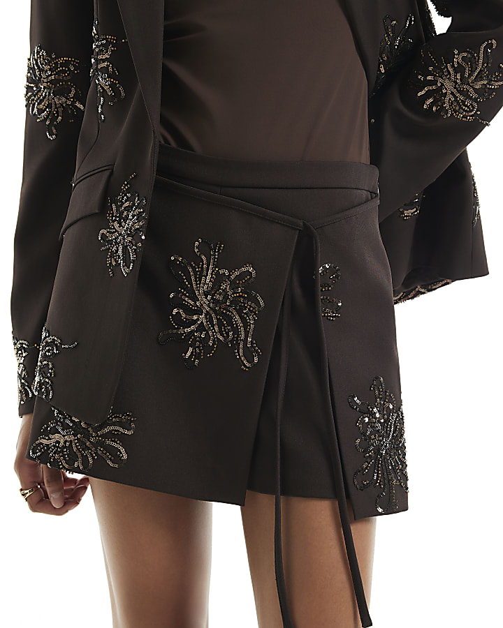 Brown Sequin Embellished Skort